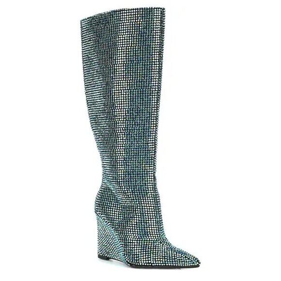 NEW Gianni Bini GaborTwo Wide Calf Multi Rhinestone Pointed Toe Tall Wedge Boots - Picture 1 of 8